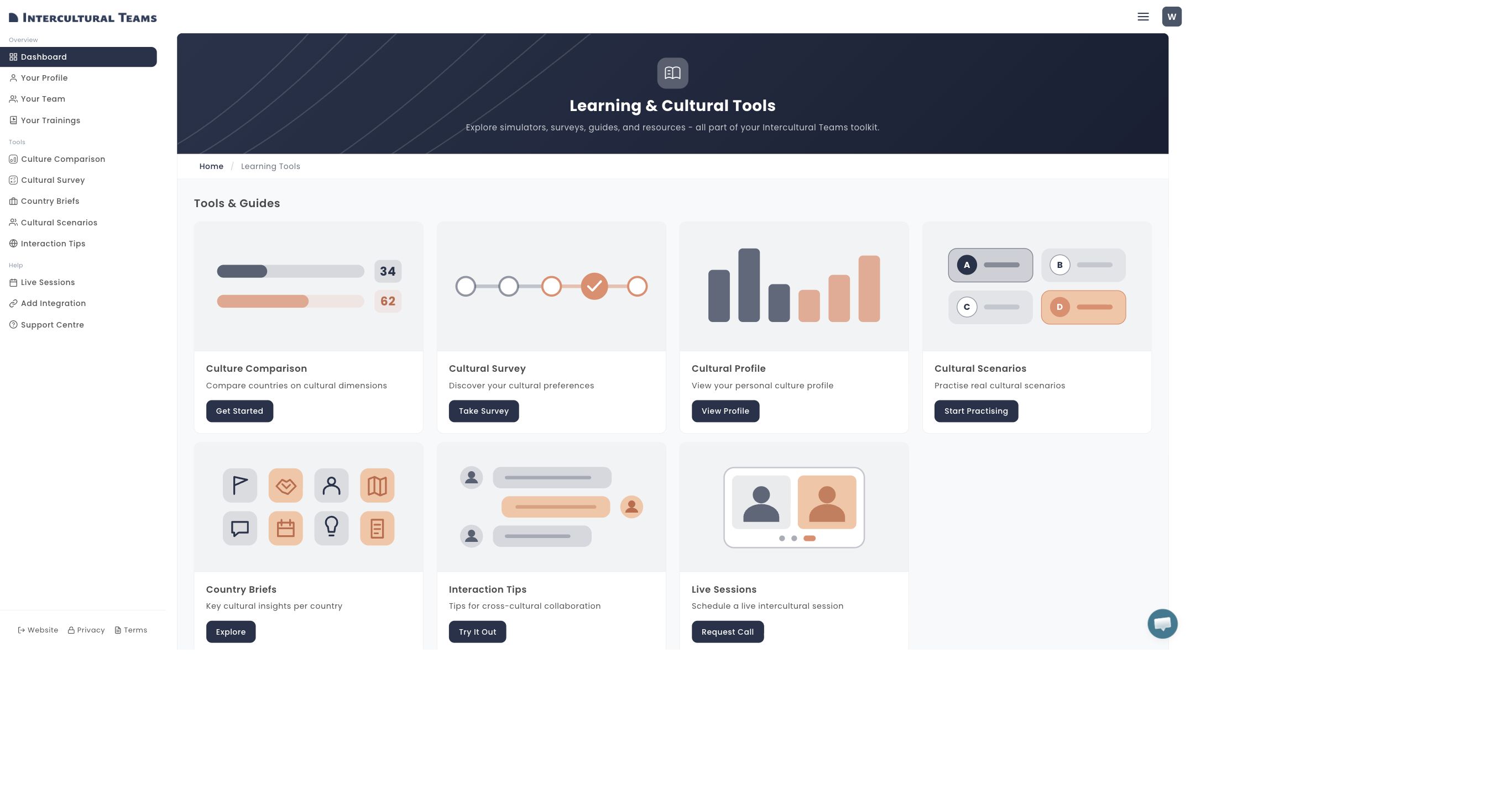 The Intercultural Teams web dashboard with culture comparison, survey, profile, scenarios, country briefs and interaction tips.