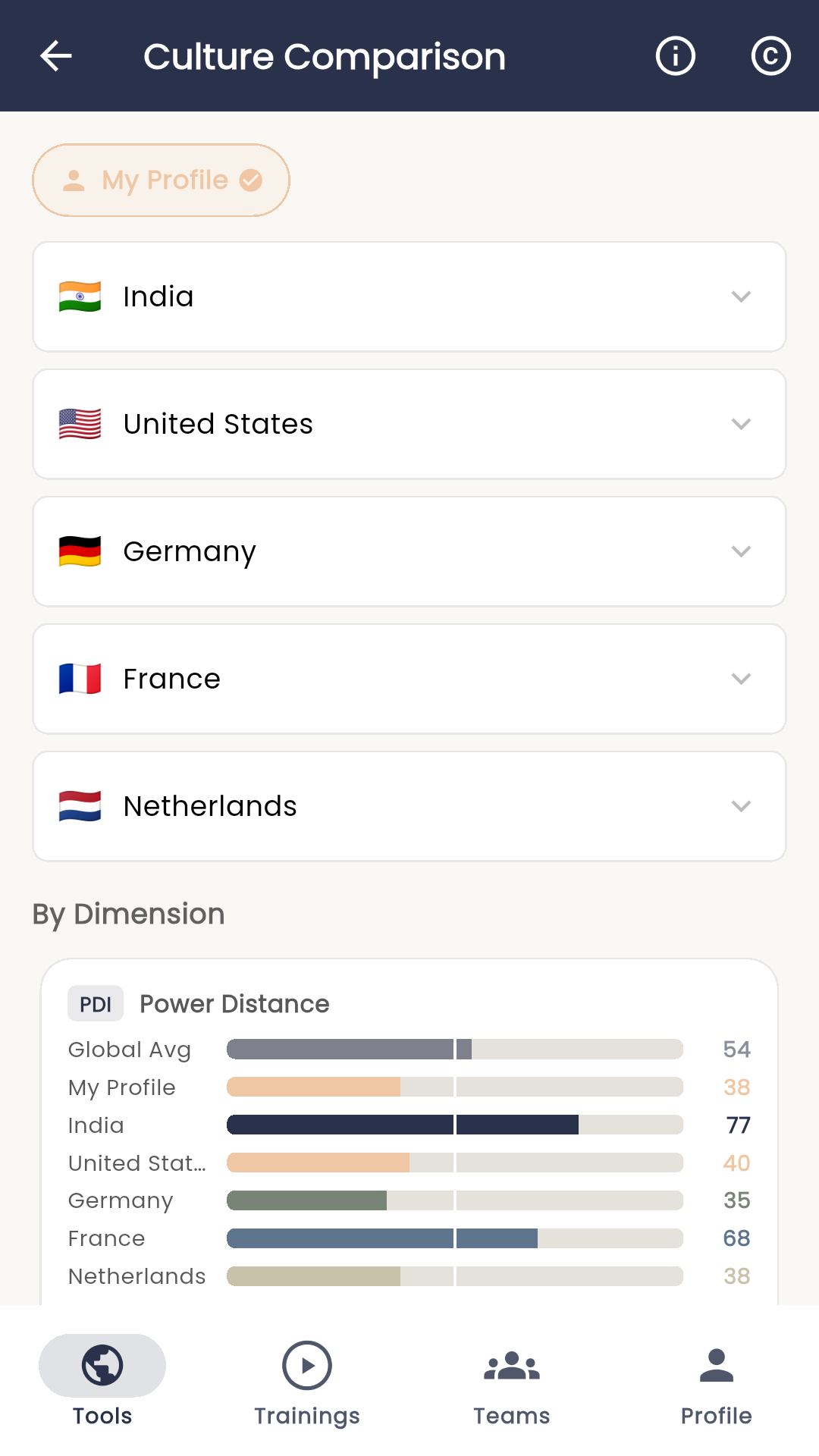 Culture Comparison in the Flutter app, showing India, the United States, Germany, France and the Netherlands.